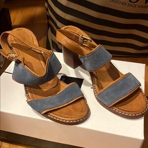 Frye Tan and Blue Sandals with Ankle Strap